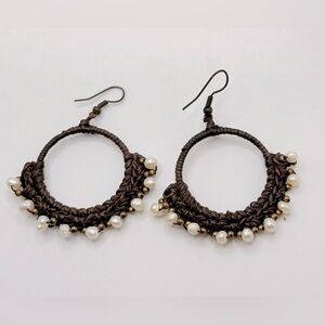 Vintage Macrame Handmade Dangling Hoop Earrings with Genuine Pearls 2 in